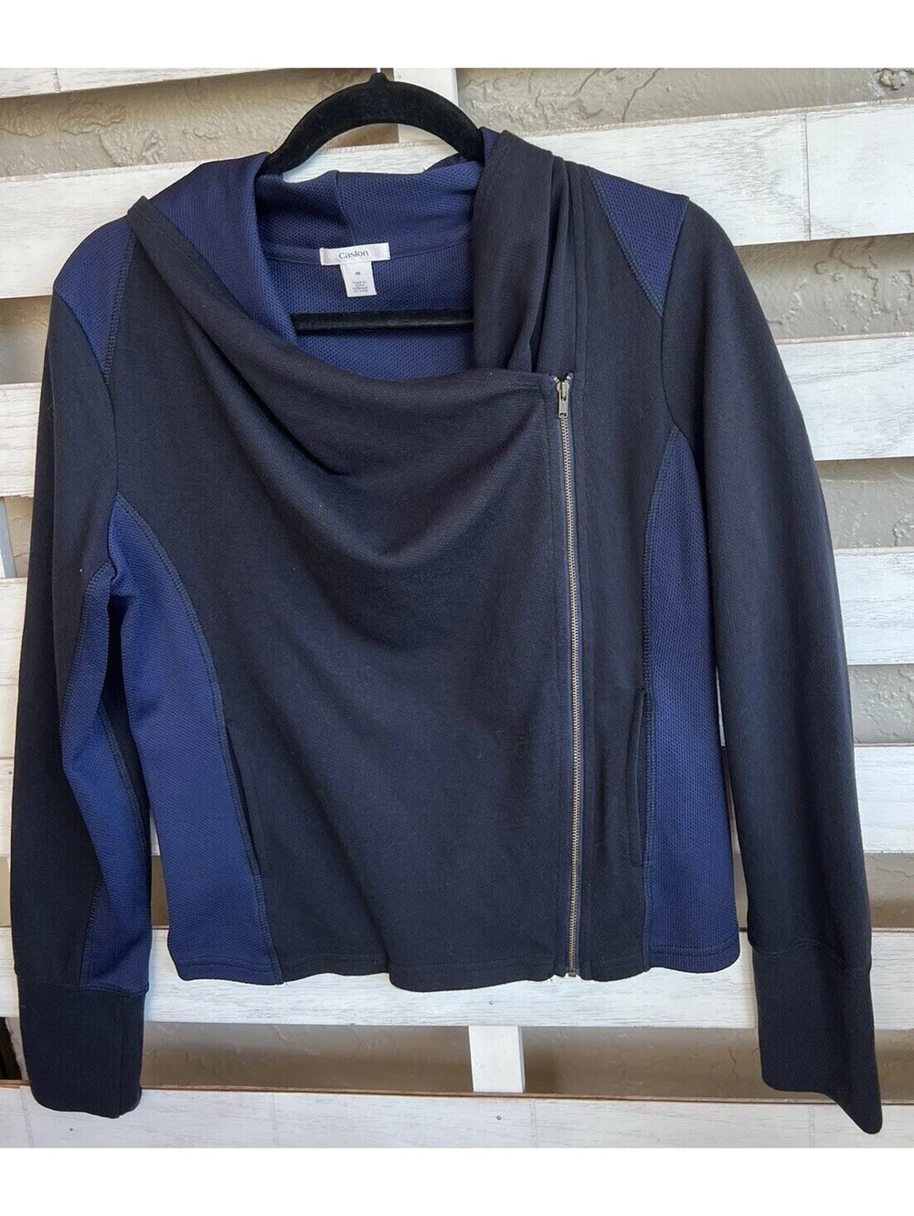 Caslon Long Sleeves Blue Black Side Zip Knit Moto Jacket Women M